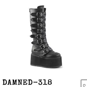 Demonia ‘Damned 318’ Knee High Platform Boots In Black Vegan Leather